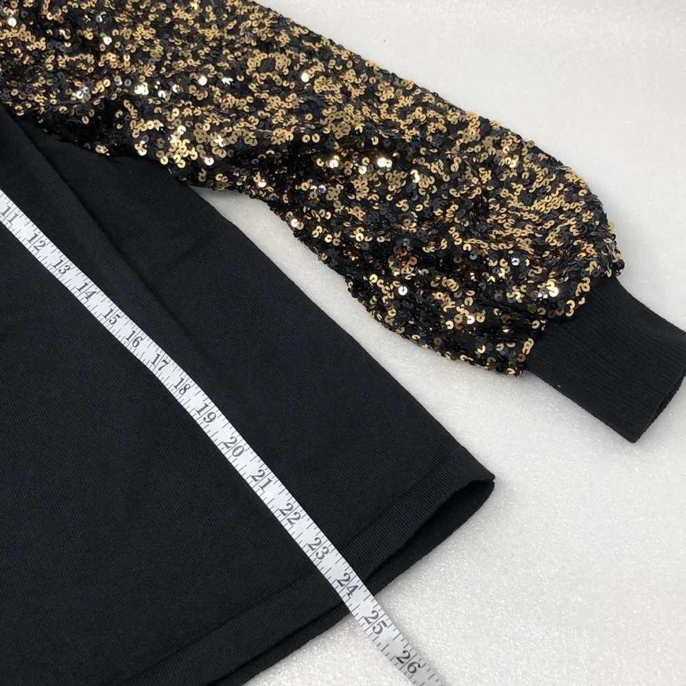 NEW GeeGee Sweater Black Gold Sequins Bubble Puff Sleeves Size Small